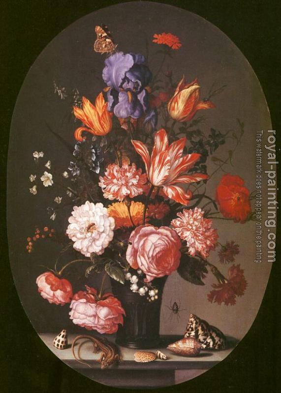 Balthasar Van Der Ast : Graphic Flowers in a Glass Vase